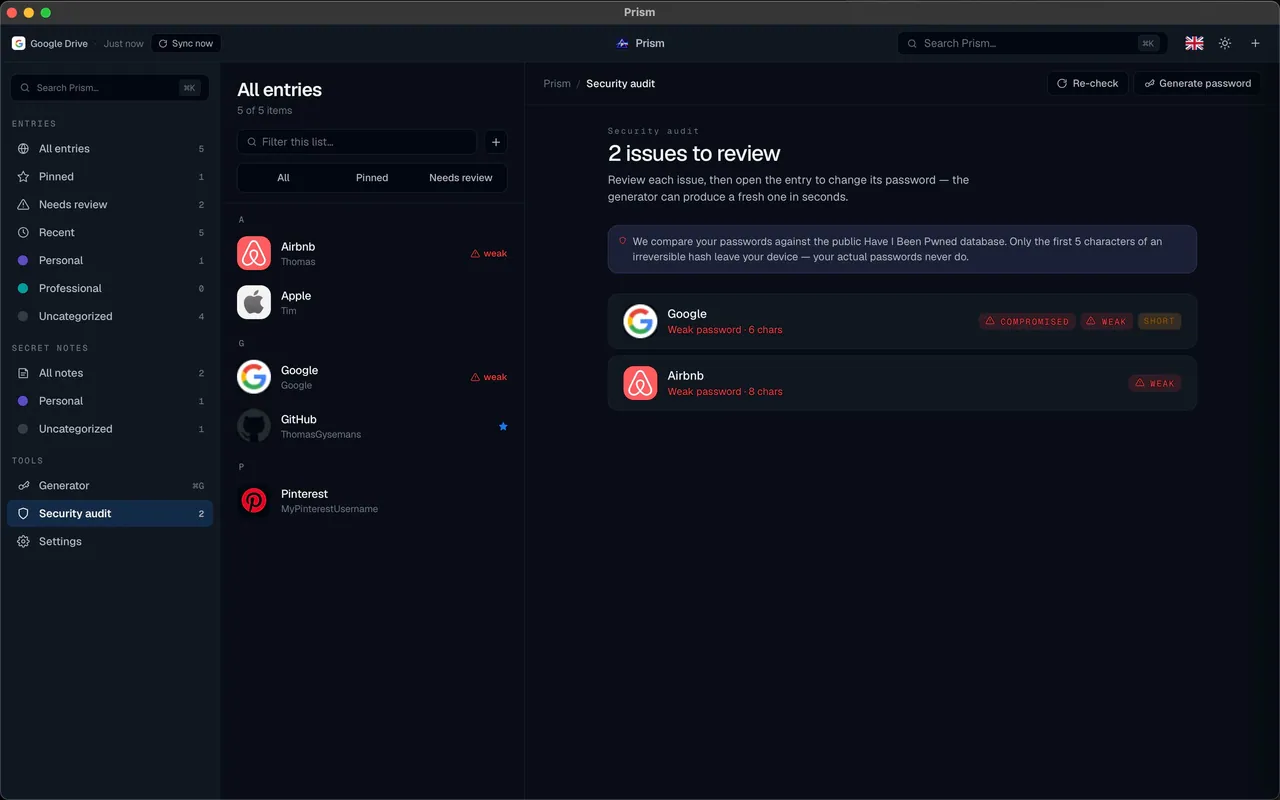 Prism security audit screen in dark theme.