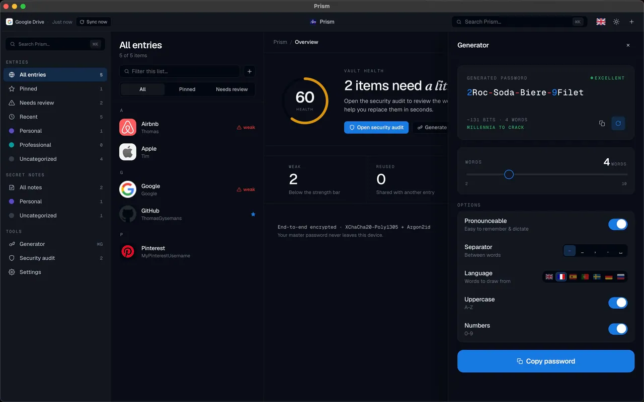 Prism password generator panel in dark theme.