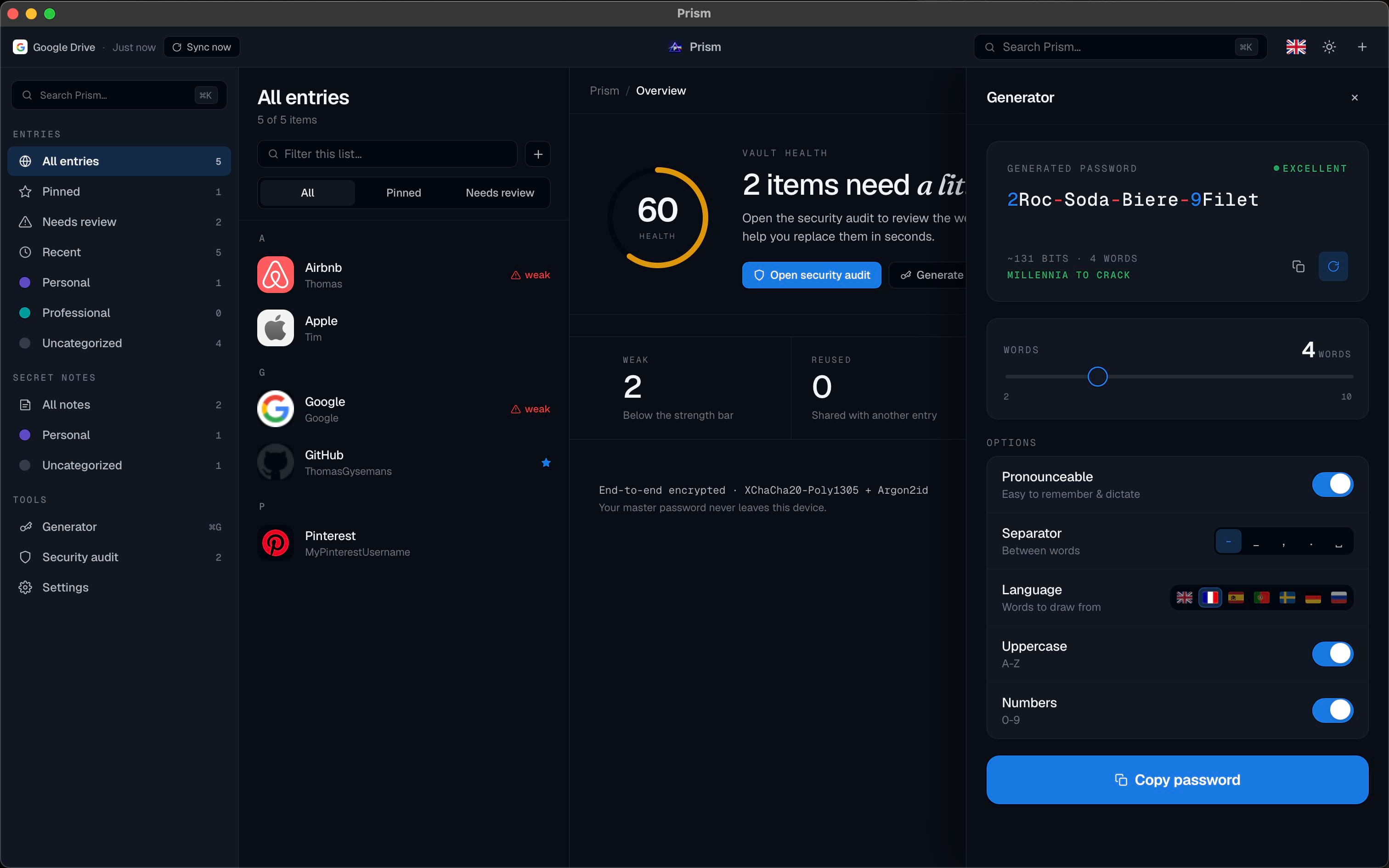 Prism password generator panel in dark theme.