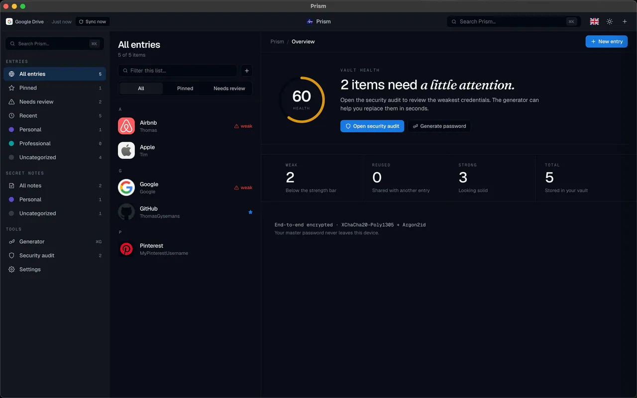 Prism on the desktop showing the vault overview in dark theme.