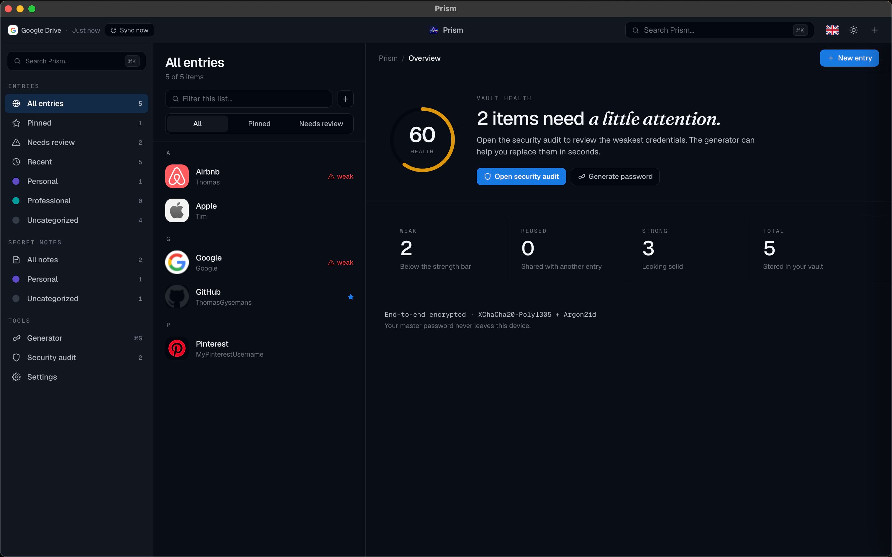 Prism on the desktop showing the vault overview in dark theme.