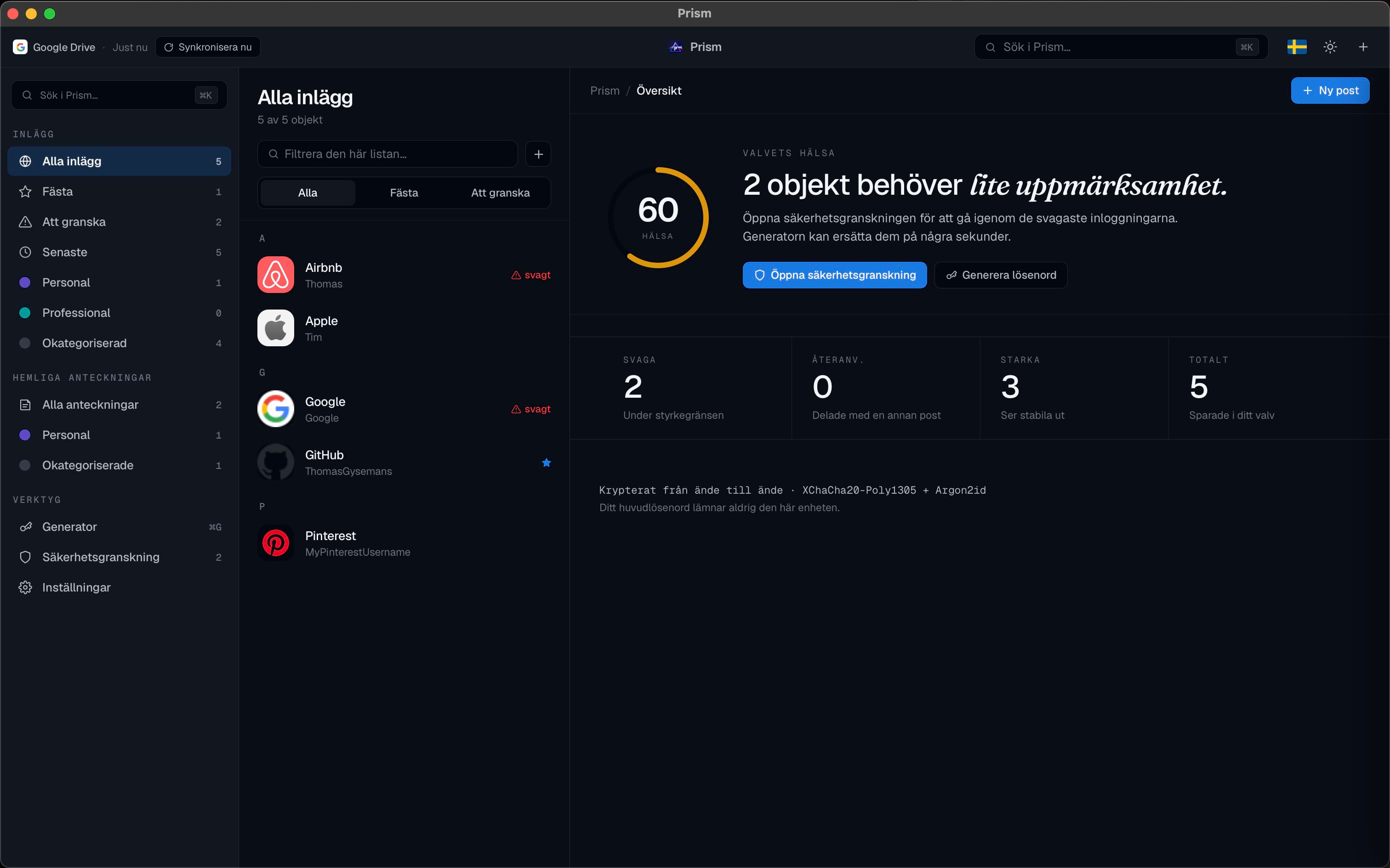 Prism på datorn som visar valvöversikten i mörkt tema.