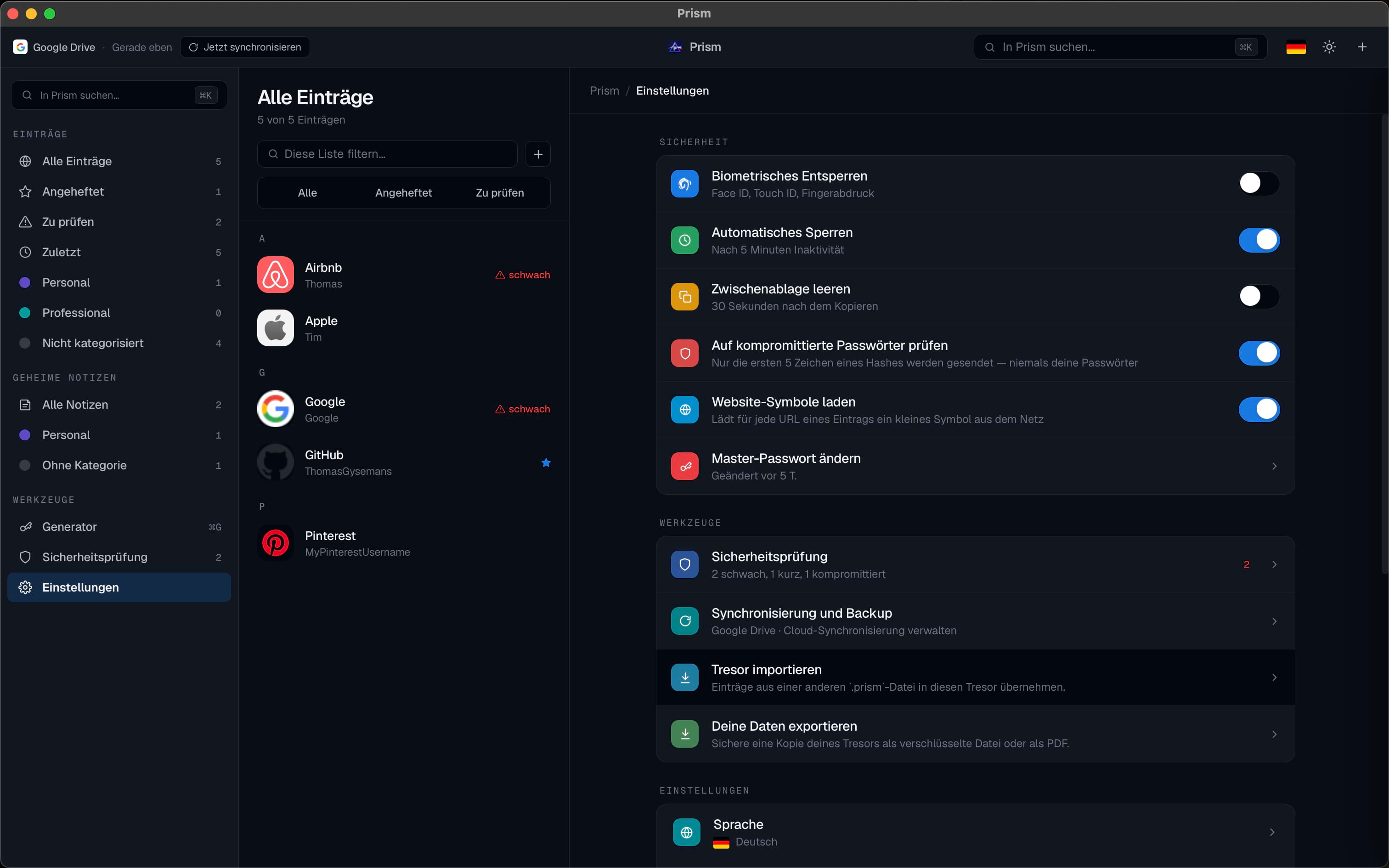 Prisms Einstellungen für Synchronisierung und Backup im dunklen Design.