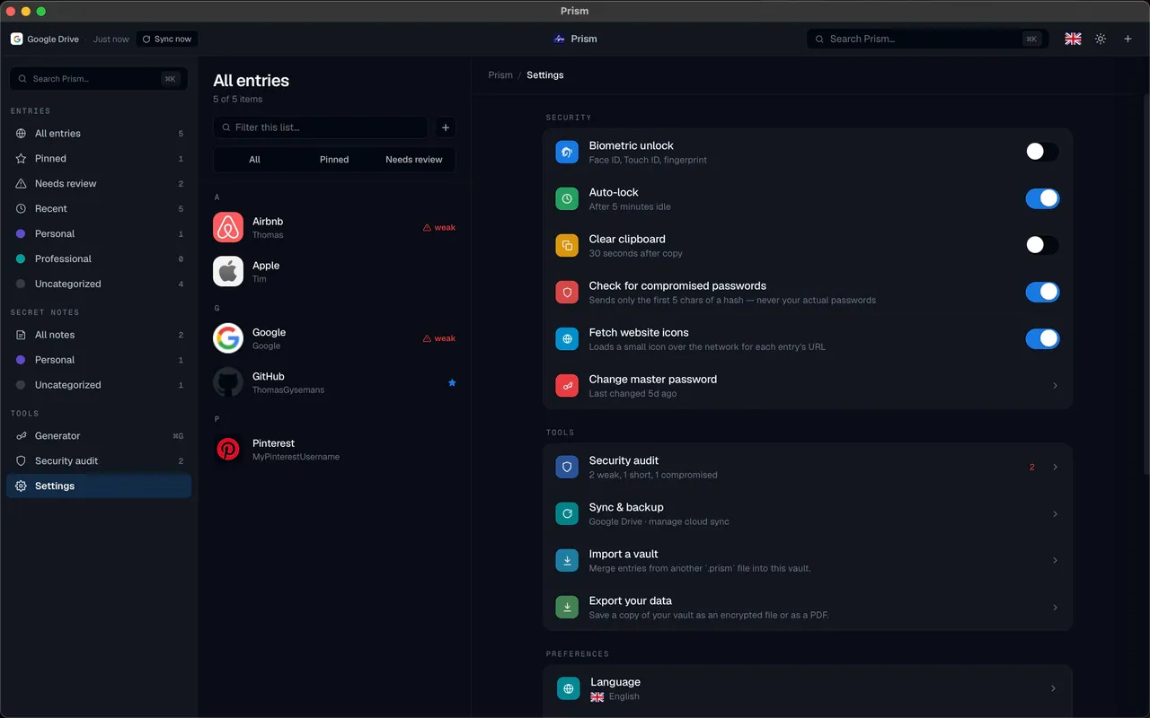 Prism sync and backup settings in dark theme.
