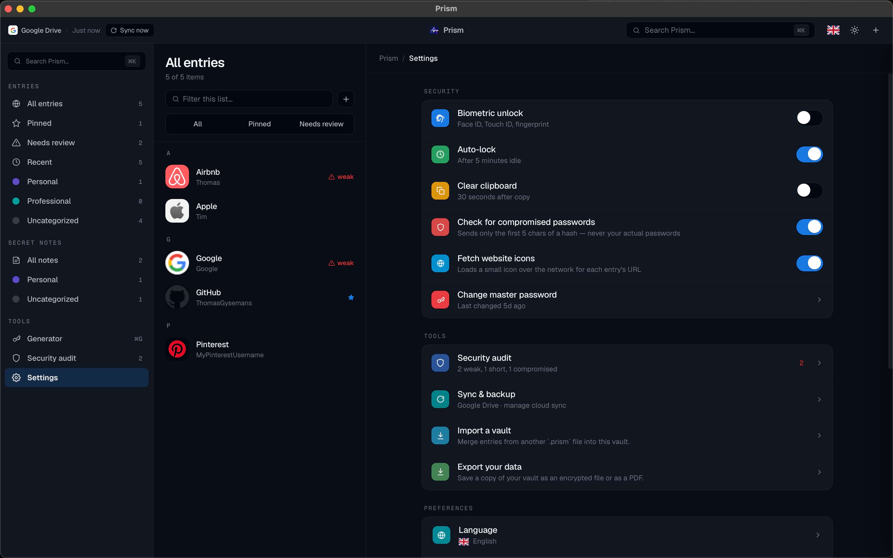 Prism sync and backup settings in dark theme.
