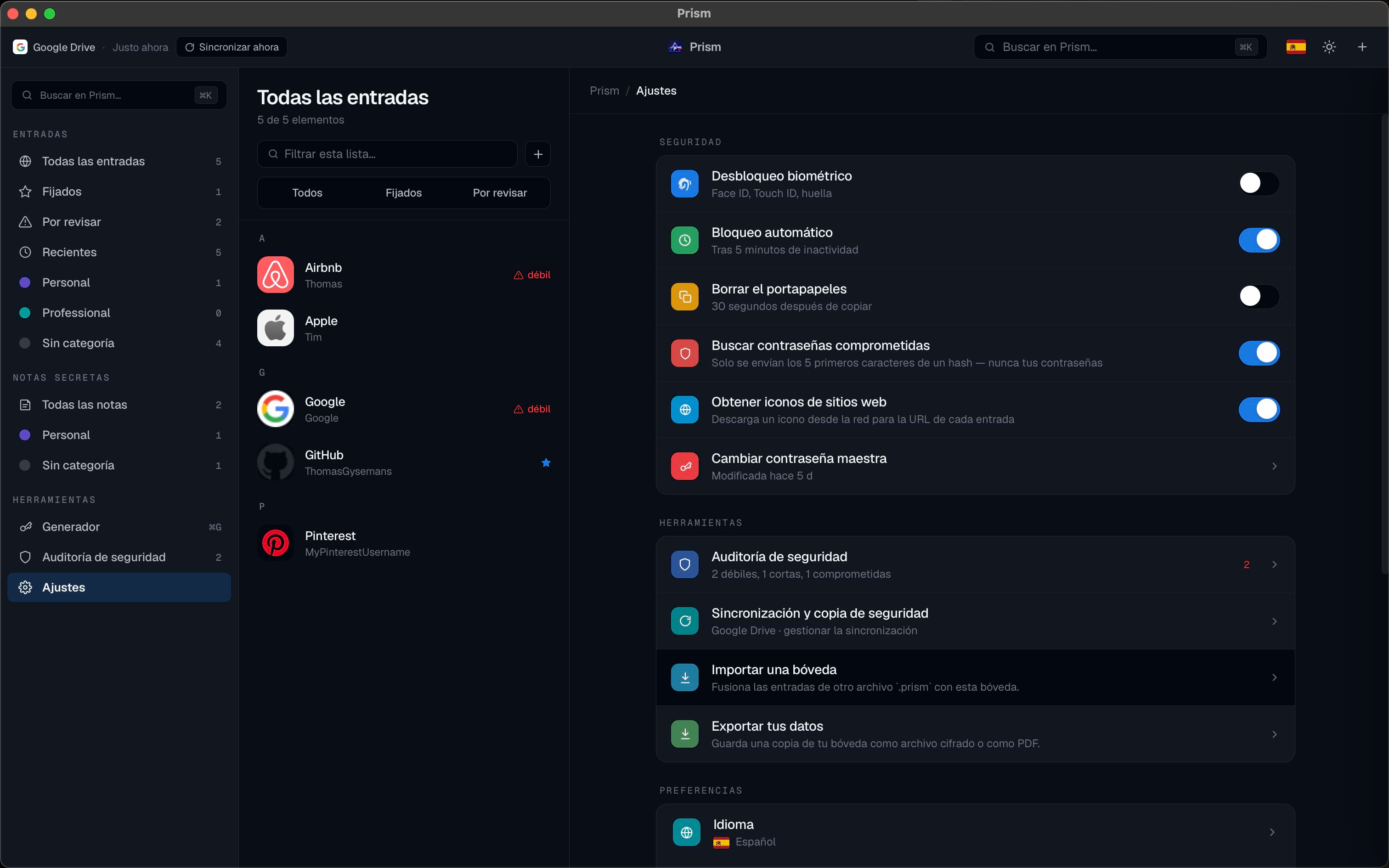 Ajustes de sincronización y copia de seguridad de Prism en tema oscuro.